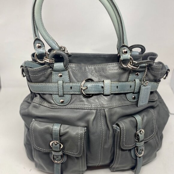 Coach Vintage Satchel | Extra Large Grey Leather Purse | Exotic Teal Accent Hand - Picture 3 of 12
